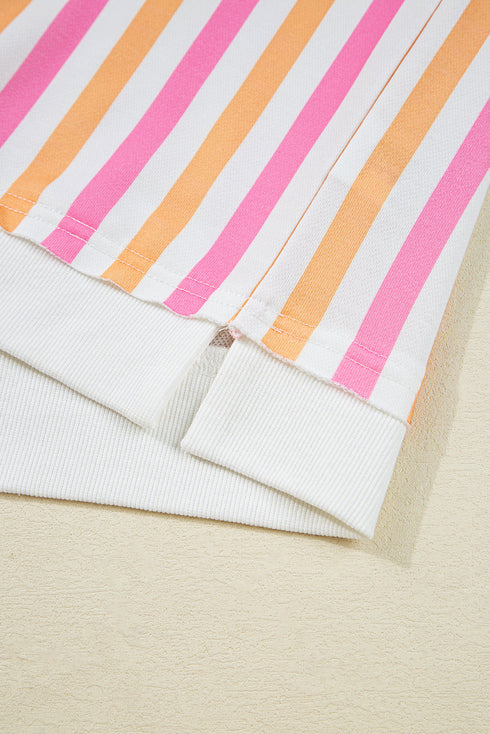 Vertical-Stripe Drop-Shoulder Half-Sleeve Crewneck Contrast-Band Short Set